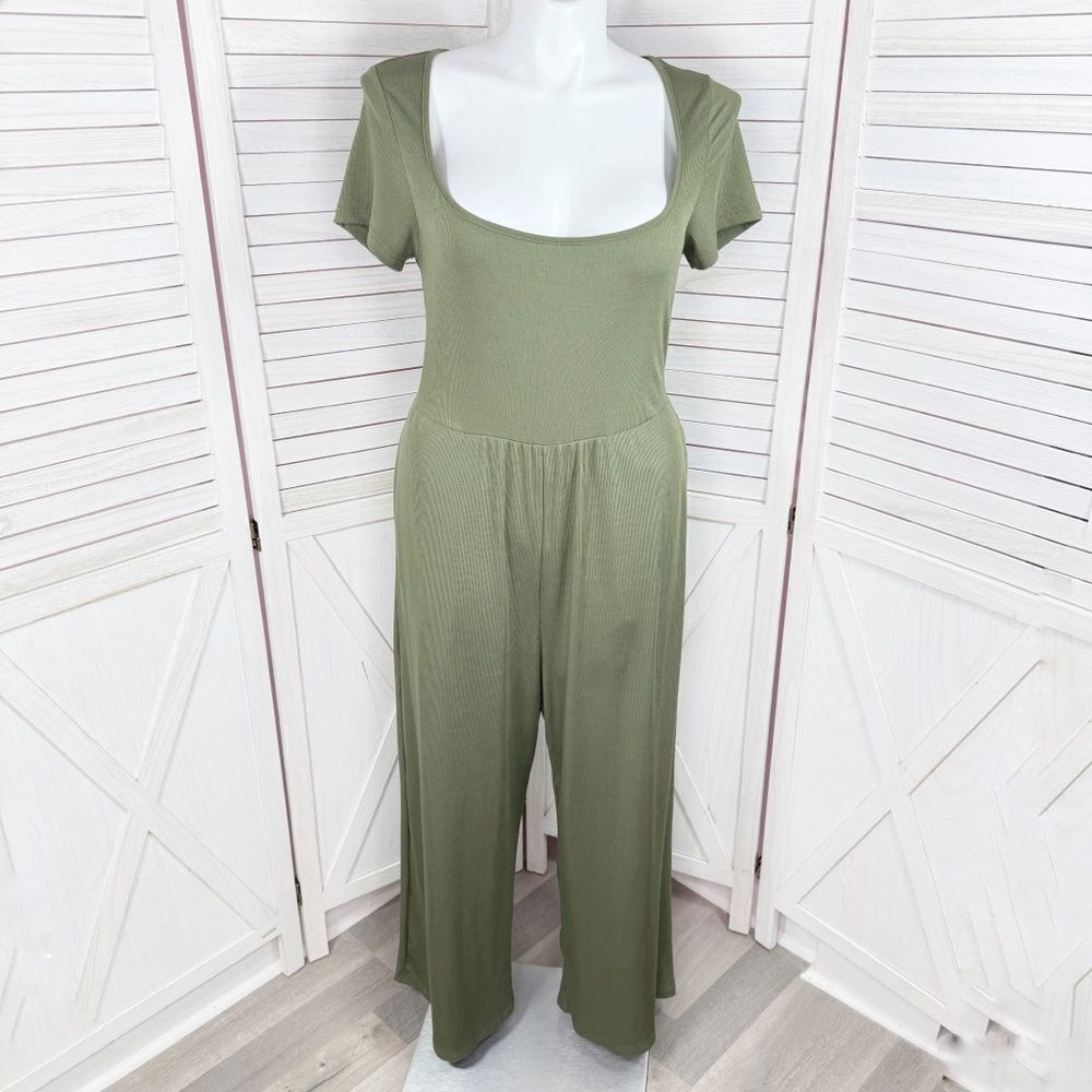 Cider Jumpsuit Square Scoop Neck Wide Leg Short Sleeve Olive Green 0XL 12 14